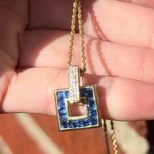 14K Gold, Sapphire & Diamond Pendant Necklace with 17” Chain